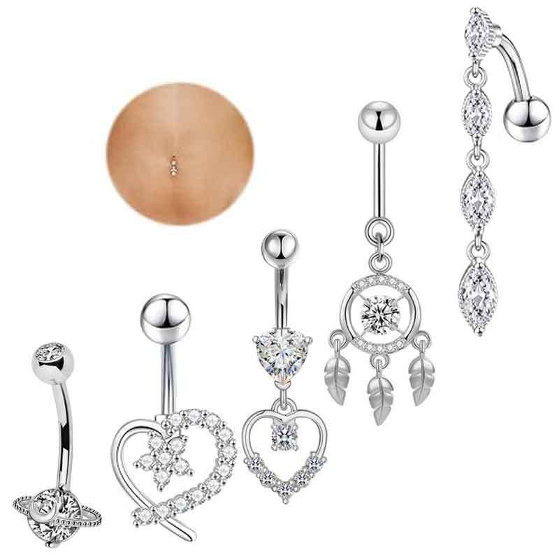 Zircon Peach Heart Belly Button Ring - Love Shaped Navel Jewelry - 316L Surgical Steel - 5 Sets - Hip Hop Style - Image 5