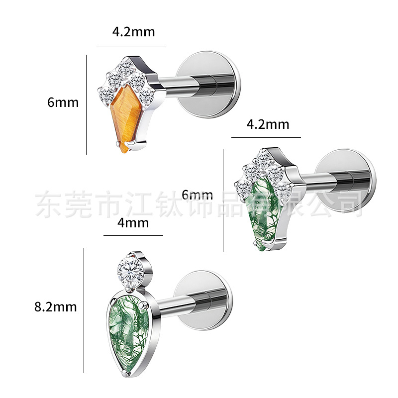 G23 Titanium Alloy Body Piercing Earrings Natural Stone Rhombus Water Drop Ear Jewelry Gold + Tiger Eye - Image 2