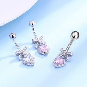Creative Heart-Shaped Zircon Navel Ring, Gold Pink Belly Button Piercing Jewelry, Light Luxury Style, 2024 Spring