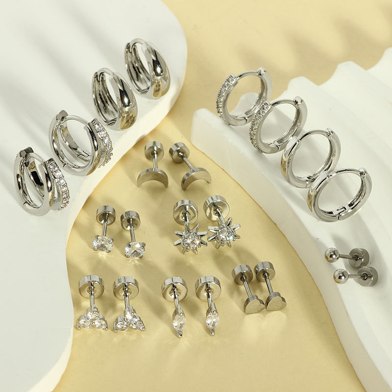 22-Piece Heart Inlaid Zircon Earring Set, Real Gold Brass Electroplated Stainless Steel Earrings for Women and Men - Image 3