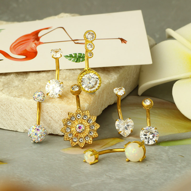 Sunflower Love Belly Button Ring Set Stainless Steel Dangle Navel Piercing Jewelry Rose Gold - Image 4