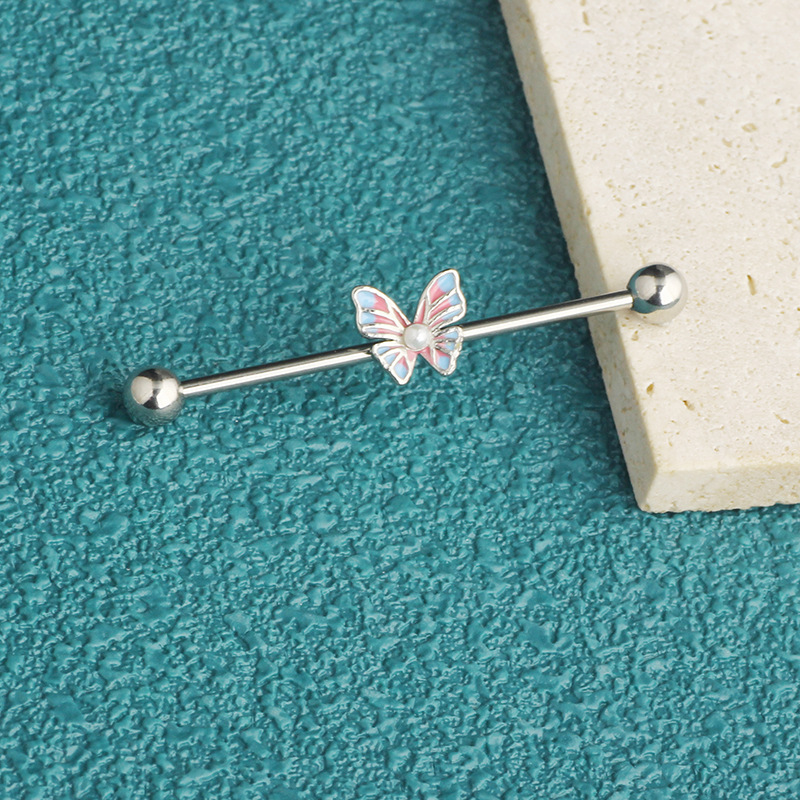 14G Industrial Barbell Ear Studs External Thread Drop Oil Butterfly Ear Bridge Double Ear Hole Straight Rod Pearl Ear Studs - Image 3