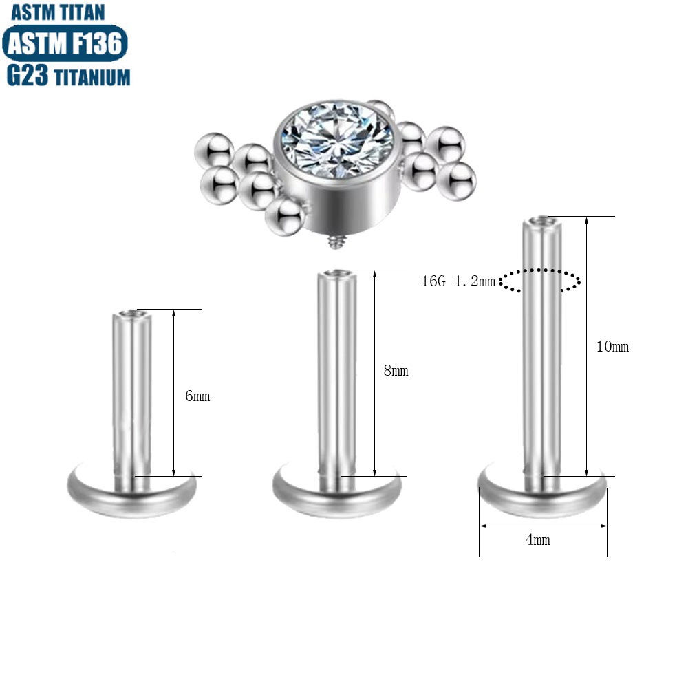 Silver Zircon Bead Cluster Thread Inner Teeth Lip Stud - F136 Titanium Small Earrings Body Piercing Jewelry - Image 2