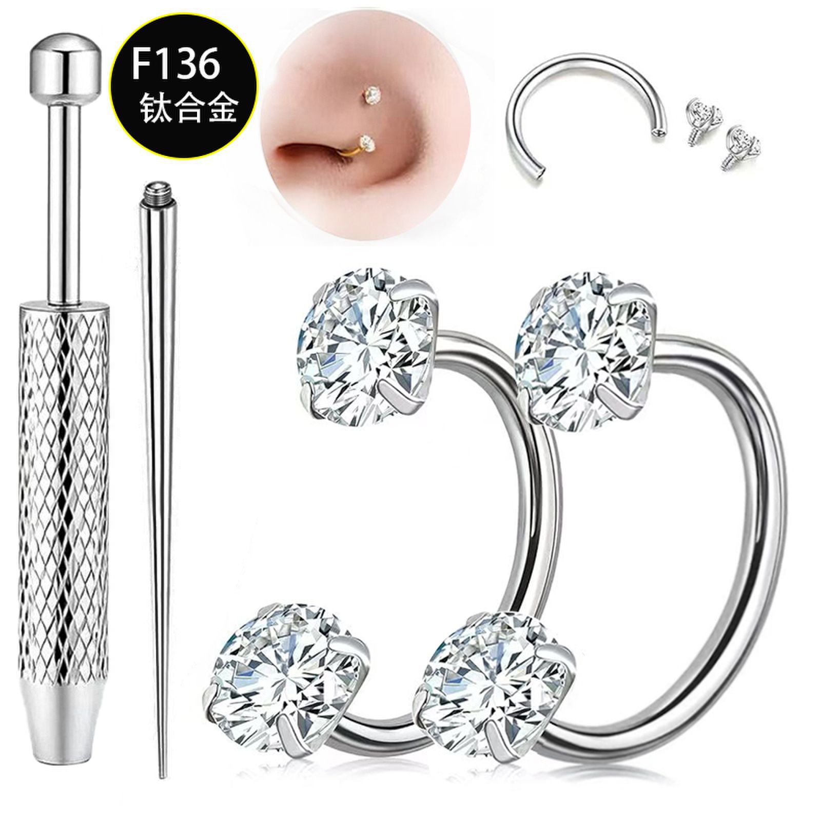 4-Piece G23 Titanium Internally Threaded Double-Ended Zircon Nose Rings, Earrings, Lip Rings - Best-Selling Piercing Jewelry Wholesale - Image 5