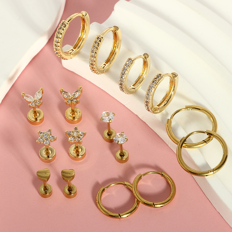 16-Piece Stainless Steel Zircon Ear Bone Nails Set - Simple Geometric Flower Earrings for Men and Women - Image 4