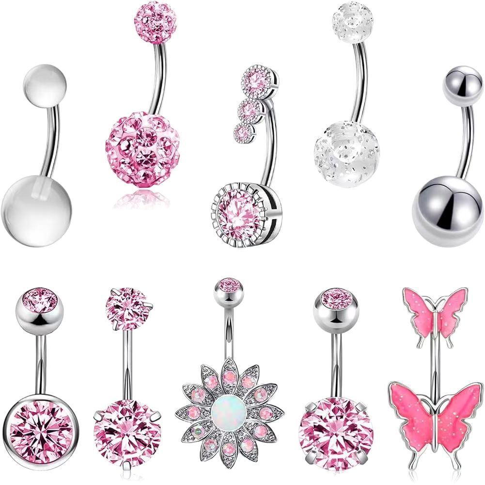 10-Piece Butterfly Diamond Pearl Shambhala Belly Ring Set - Stainless Steel Navel Piercing Jewelry - Image 5