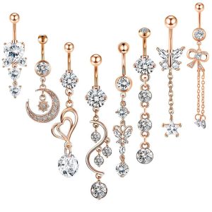 8-Piece Set Zircon Belly Button Ring Suit Navel Ring Body Piercing Jewelry Silver Stainless Steel