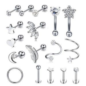 17pcs Stainless Steel 16G Ear Piercing Set: Love Earrings, Ear Clip, Ear Nail, Cartilage Studs