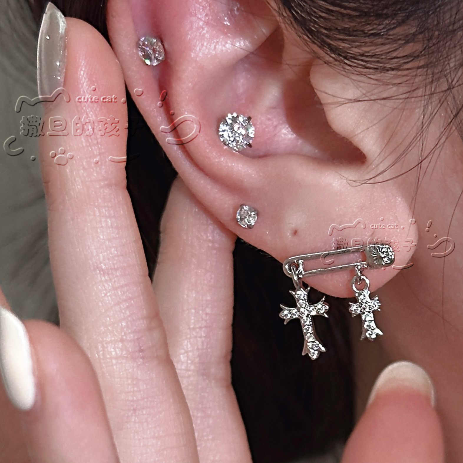 Cross Motif CZ Ear Stud 316L Surgical Steel Cartilage Piercing Jewelry - Image 5