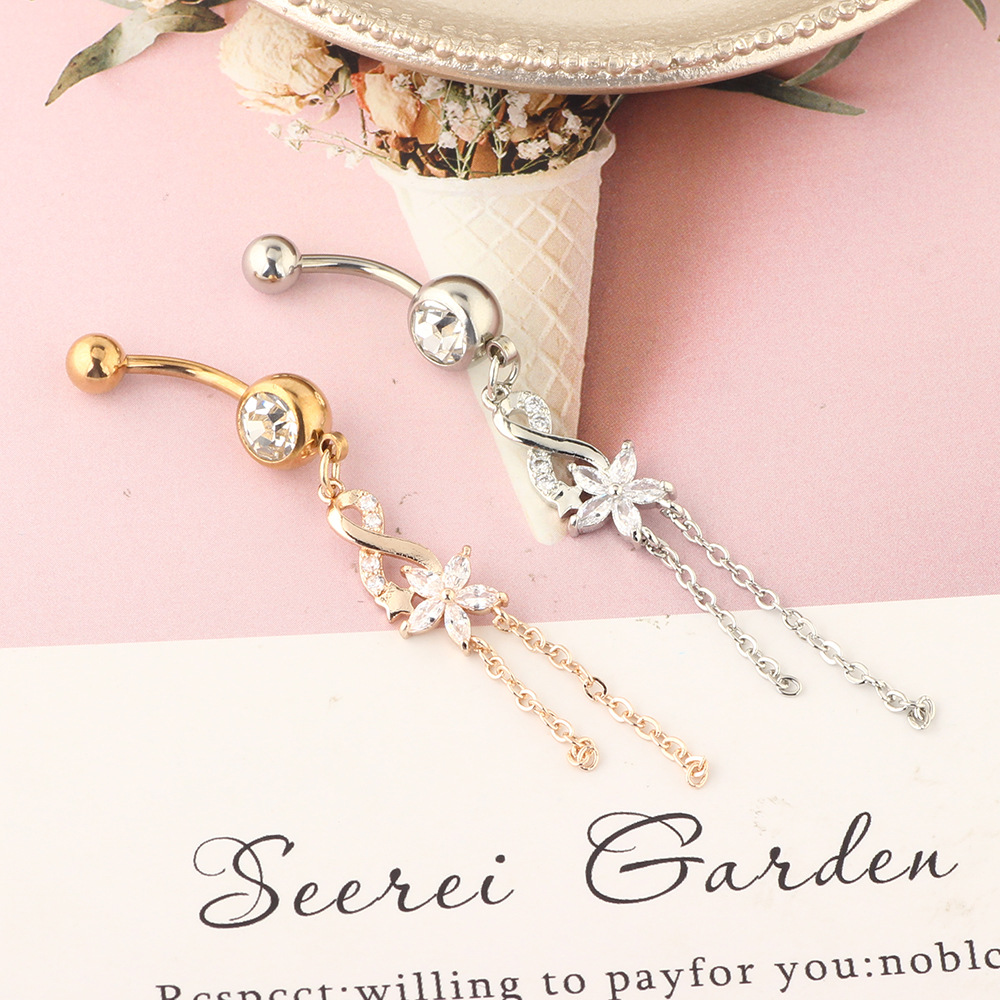 Rose Gold Zircon Flower Belly Button Ring 316L Surgical Steel Navel Piercing Jewelry - Image 2