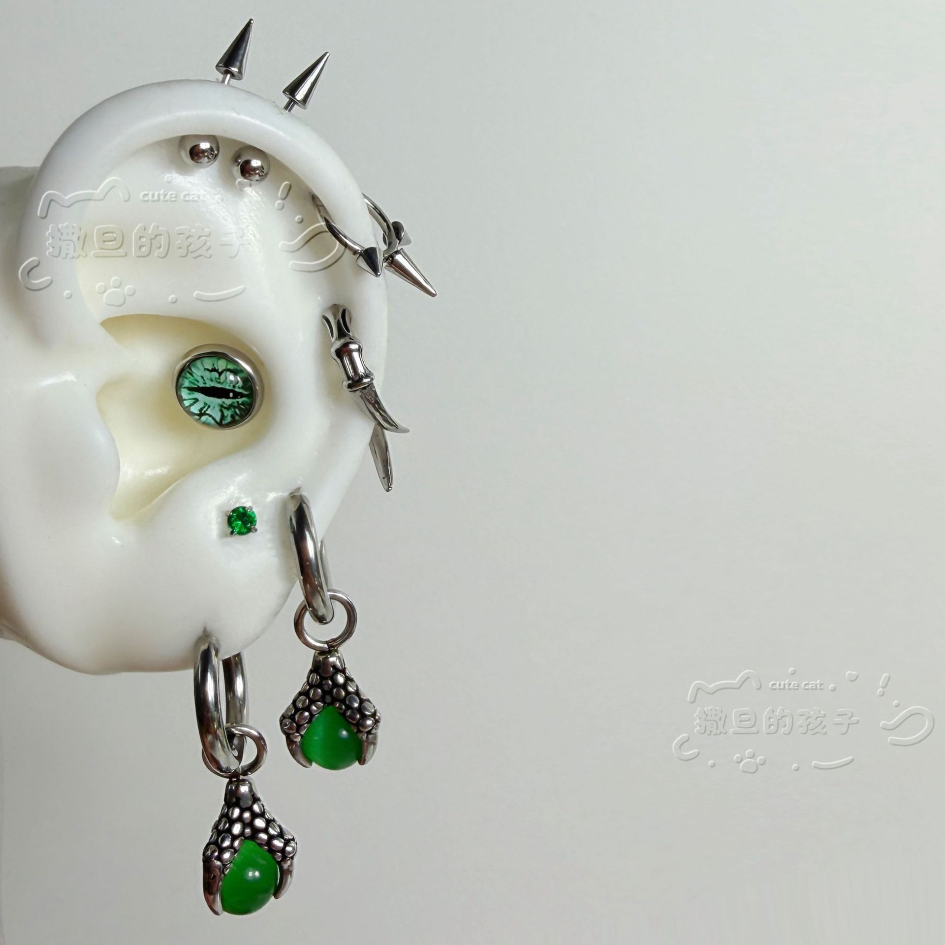 Ear Bone Studs, Titanium Steel Non-Fading Ear Studs, Earlobe Studs, Earrings, Snake Pupil Green Abyss Punk Ear Accessories for Men and Women - Image 2
