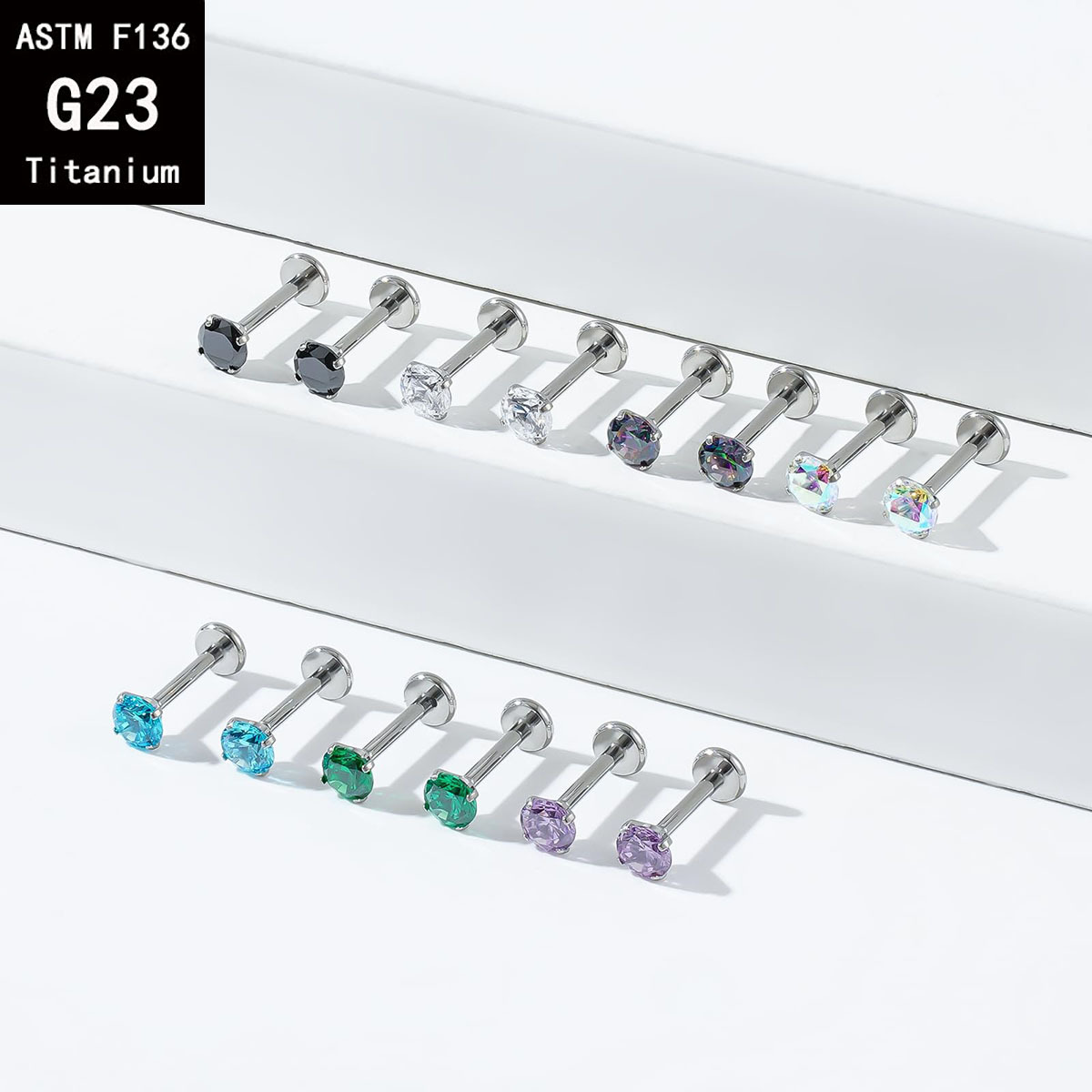 G23 Titanium Four-Prong Set Colorful 5A Round Zircon Internal Thread Earrings Flat Back Labret Stud Ear Bone Nail F136 Titanium Alloy Lip Nail Jewelry - Image 3