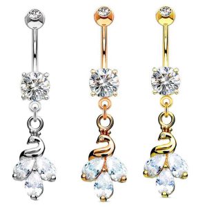 Stainless Steel Swan Feather Zircon Navel Ring - Rose Gold Heart Belly Button Piercing Jewelry for Women
