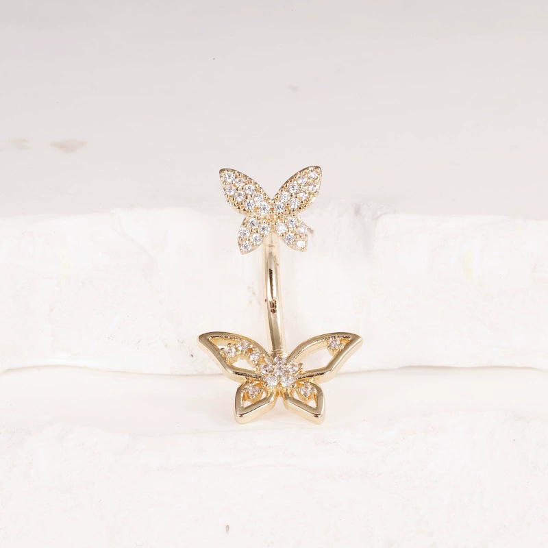 Gold Double Butterfly Navel Ring with Full CZ Stones, Sweet & Spicy Style, Wholesale Belly Ring - Image 2