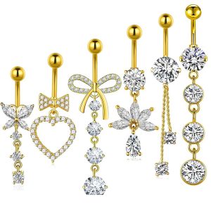 Hot-Selling 6-Piece Bowknot Heart CZ Stainless Steel Belly Button Ring Set
