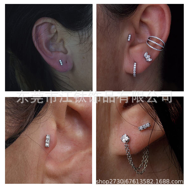 G23 Titanium Ear Cartilage Stud with Zircon and Three Diamond Lip Nails - 2024 New Arrival - Image 4