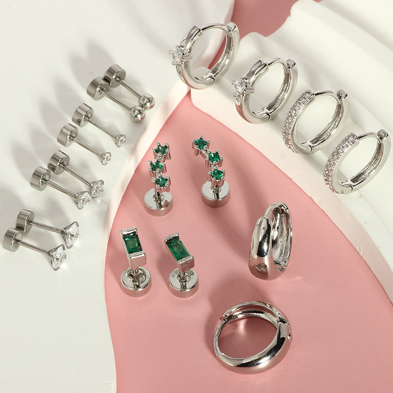 18-Piece Stainless Steel Ear Bone Stud Earrings Set with Zircon CZ, Asymmetric Geometric Design for Women - Image 4