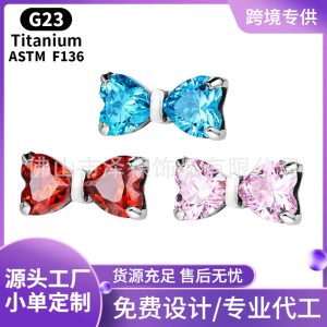 F136 Titanium Alloy Bowknot Zircon Ear Studs, G23 Titanium Lip Studs, Body Piercing Jewelry