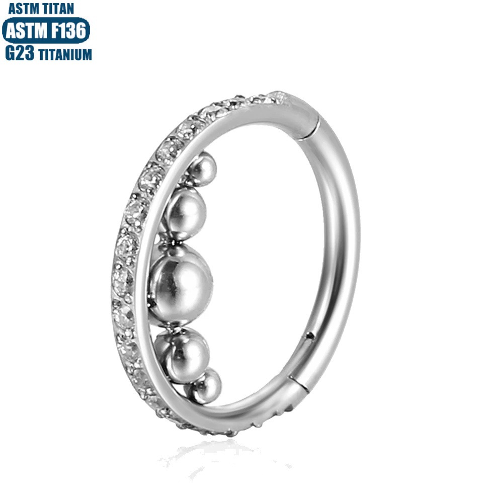 G23 Titanium Nose Ring with Zircon Outer Side, Internally Welded Ball Hinge Seamless Septum Ring - Image 2