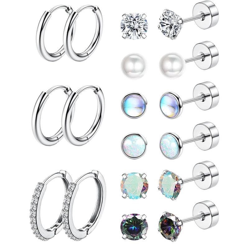 Fashion CZ Stud Earrings Set 9 Pairs Silver Stainless Steel Geometric Ear Jewelry - Image 5