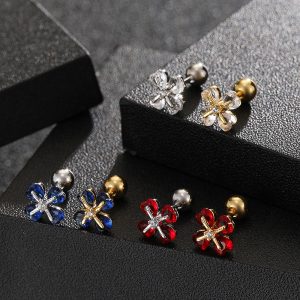 18K Gold Plated Four-Leaf Clover Colorful Ear Piercing Earrings Cartilage Stud Micro-Setting Soft Ear Bone Jewelry
