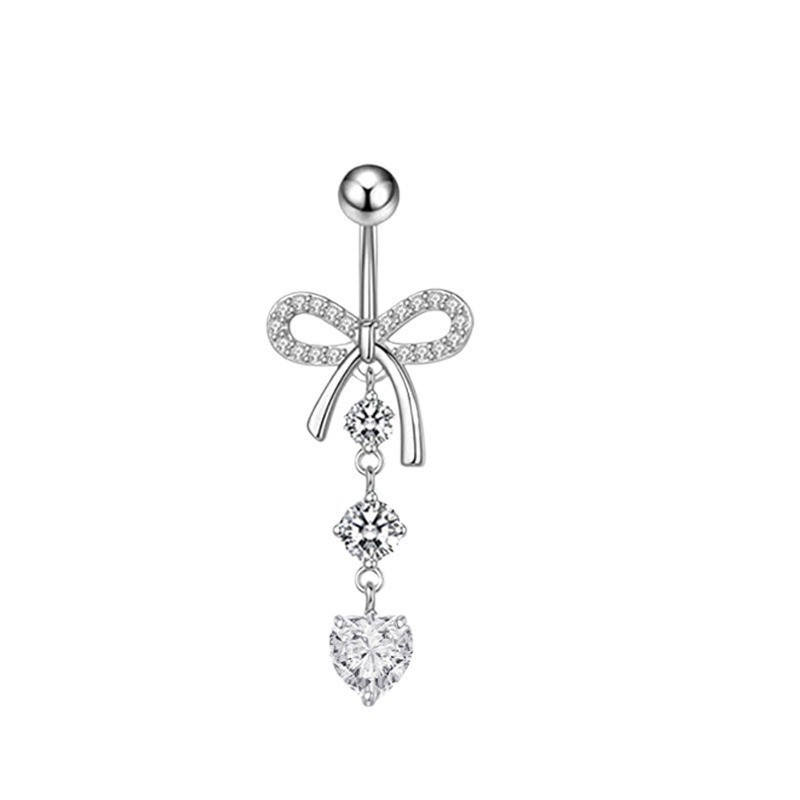 2024 New Fashion Simple Long Bow Zircon Belly Button Ring Navel Piercing Jewelry Copper Gold - Image 3