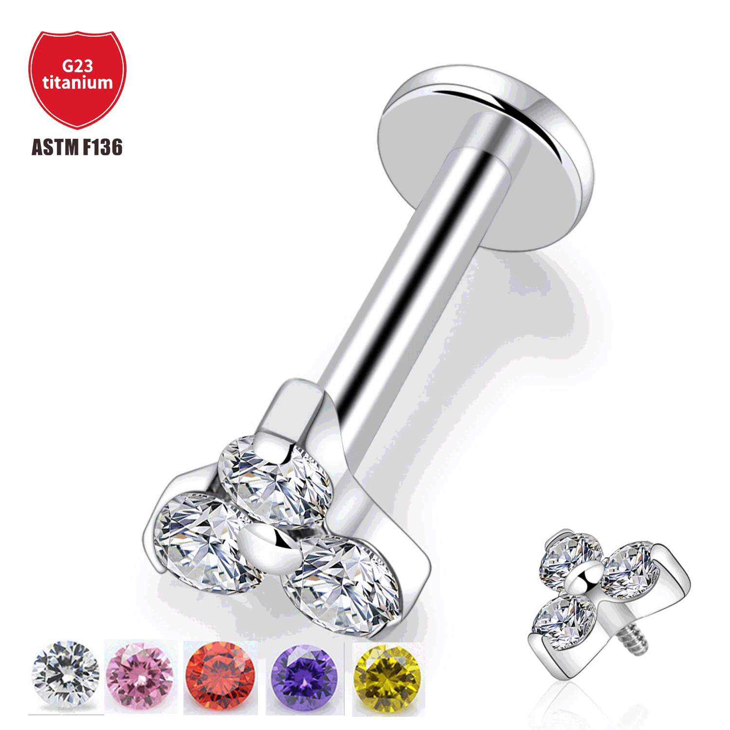 G23 Titanium Labret Stud Triangle Flower Zircon Ear Lip Barbell Internal Thread Piercing Jewelry - Image 2