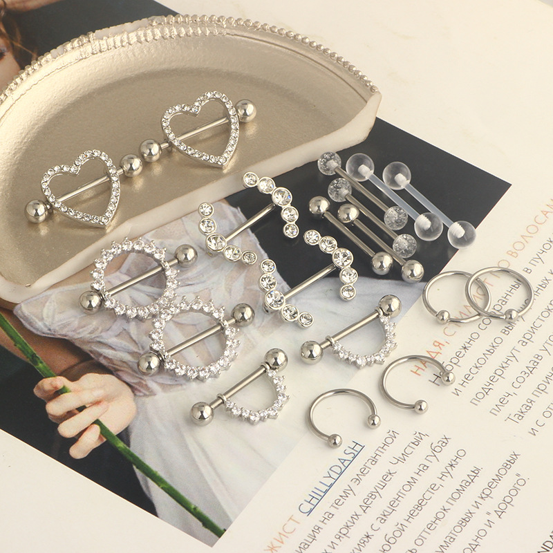 Stainless Steel Zircon Ring 9 Pair Set Heart Shape Nail Tongue Piercing Jewelry - Image 4