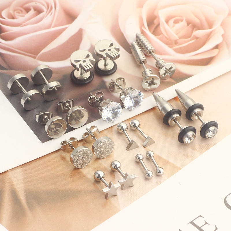 10 Pair Black Stud Round Barbell Earrings Set - Stainless Steel Men's Personality Piercing Studs - Image 2