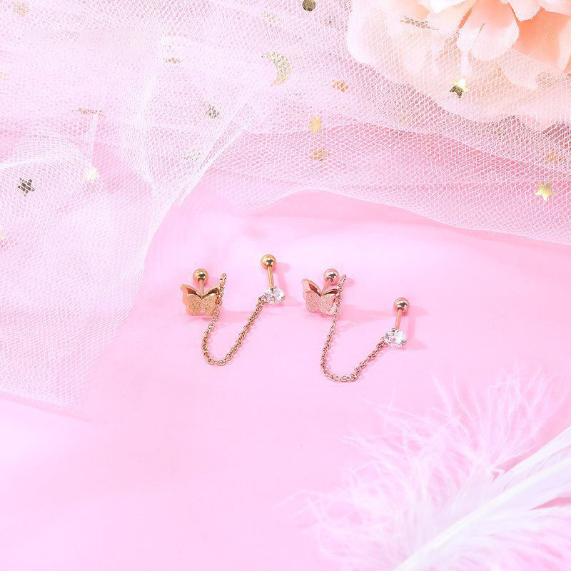 Butterfly Stainless Steel Earring - Rose Gold Zircon Ear Bone Nail for Women - Image 2
