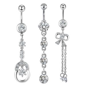 European American Style Golden Zircon Shambhala Rhinestone Belly Button Ring 3-Piece Set - Stainless Steel