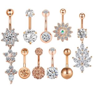 Rose Gold Flower Diamond Navel Ring Stainless Steel Dangle Belly Button Piercing 9-Piece Set