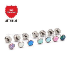 F136 Titanium Opal Round Cake Stud Earrings - Cartilage Ear Bone Nail G23 Titanium Alloy Body Piercing Jewelry