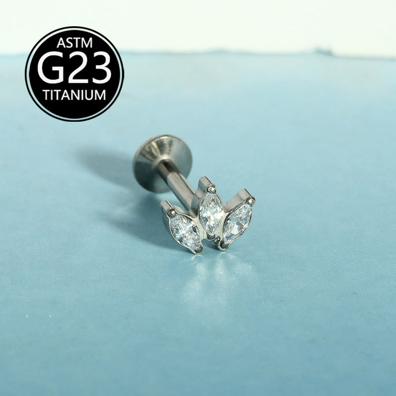 G23 Titanium Lip Labret Stud Zircon Ear Cartilage Stud Three-Leaf Inlaid Zircon Piercing Jewelry - Image 3