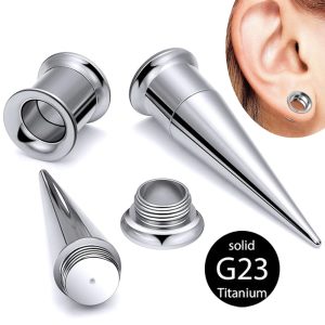 Two-in-One 3-Piece Auricle G23 Titanium Pointed Cone Horn Ear Taper Expander Set for Ear Stretching