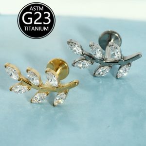 2025 New ASTm F-136 Titanium Alloy Full Diamond Leaf Lip Nail Ear Bone Nail Cross-Border Earrings Piercing Jewelry