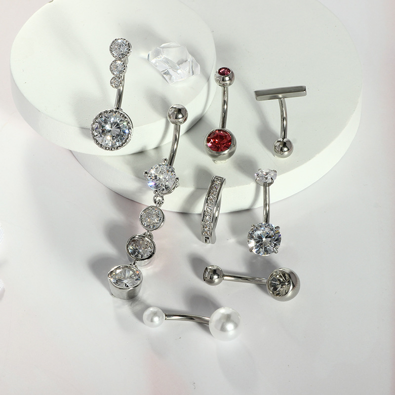 Stainless Steel Zircon Heart Navel Ring Set - European American Style Belly Button Ring for Women Men - Image 2