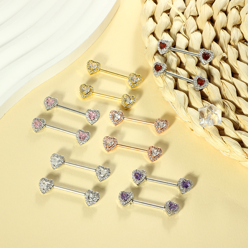 Cross-shaped Zircon Heart Breast Ring - 316L Surgical Steel Body Jewelry for Nipple, Ear, Tongue Piercing - Silver Red Gem Pair - Image 3