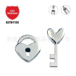 Key Lock Heart Shape Ear Piercing Jewelry Titanium Ear Bone Nail Heart Cross G23 ASTM F136 Body Jewelry