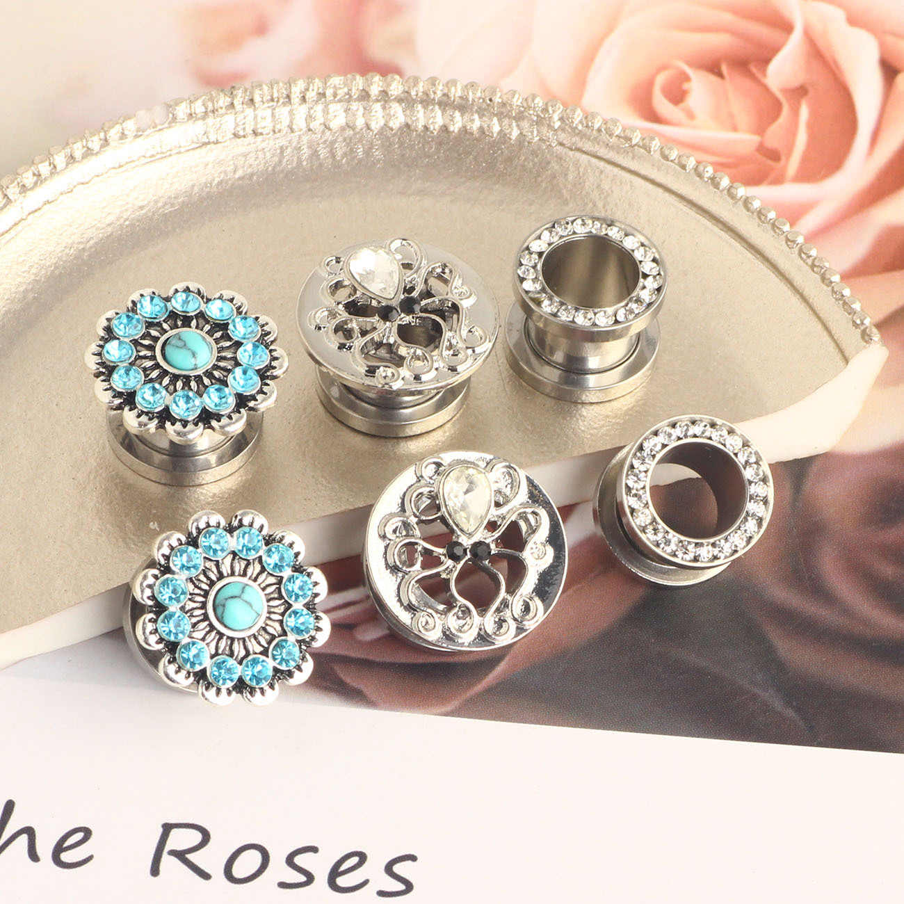Stainless Steel Turquoise Octopus Ear Expander I-Shaped Roller Slide Thread Unscrew Body Piercing 6-Piece Set - Image 4