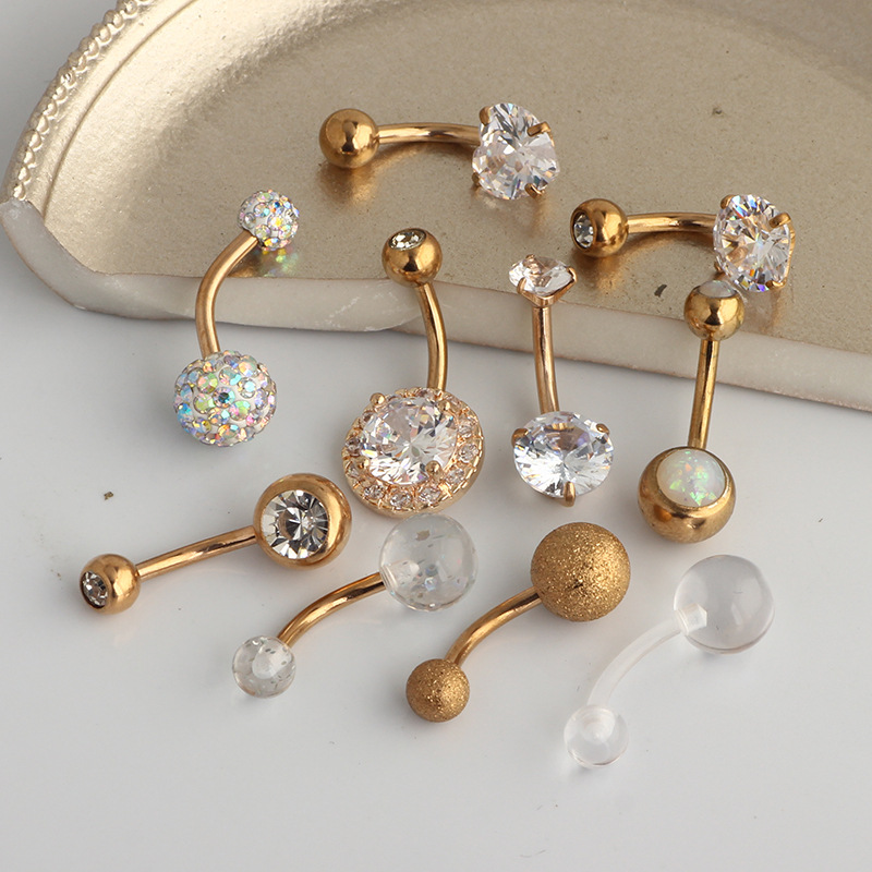 10-Piece Short CZ Navel Ring Set - Belly Button Rings Rose Gold with Zircon, Stainless Steel Body Piercing Jewelry for Women - Image 2