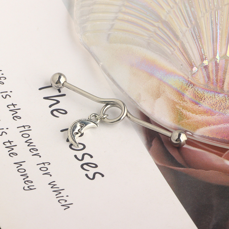Cross Stainless Steel Industrial Barbell Earring Double Ear Hole Moon Bridge Ear Stud - Image 2