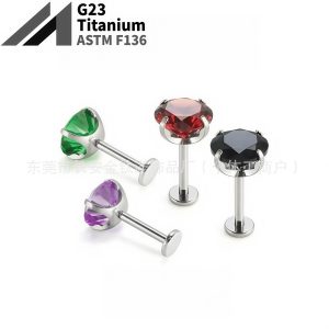 ASTM F136 Titanium Round Bottom Claw with Zircon Ear Bone Nail Lip Nose Nail Earring G23 Titanium Alloy Piercing Jewelry
