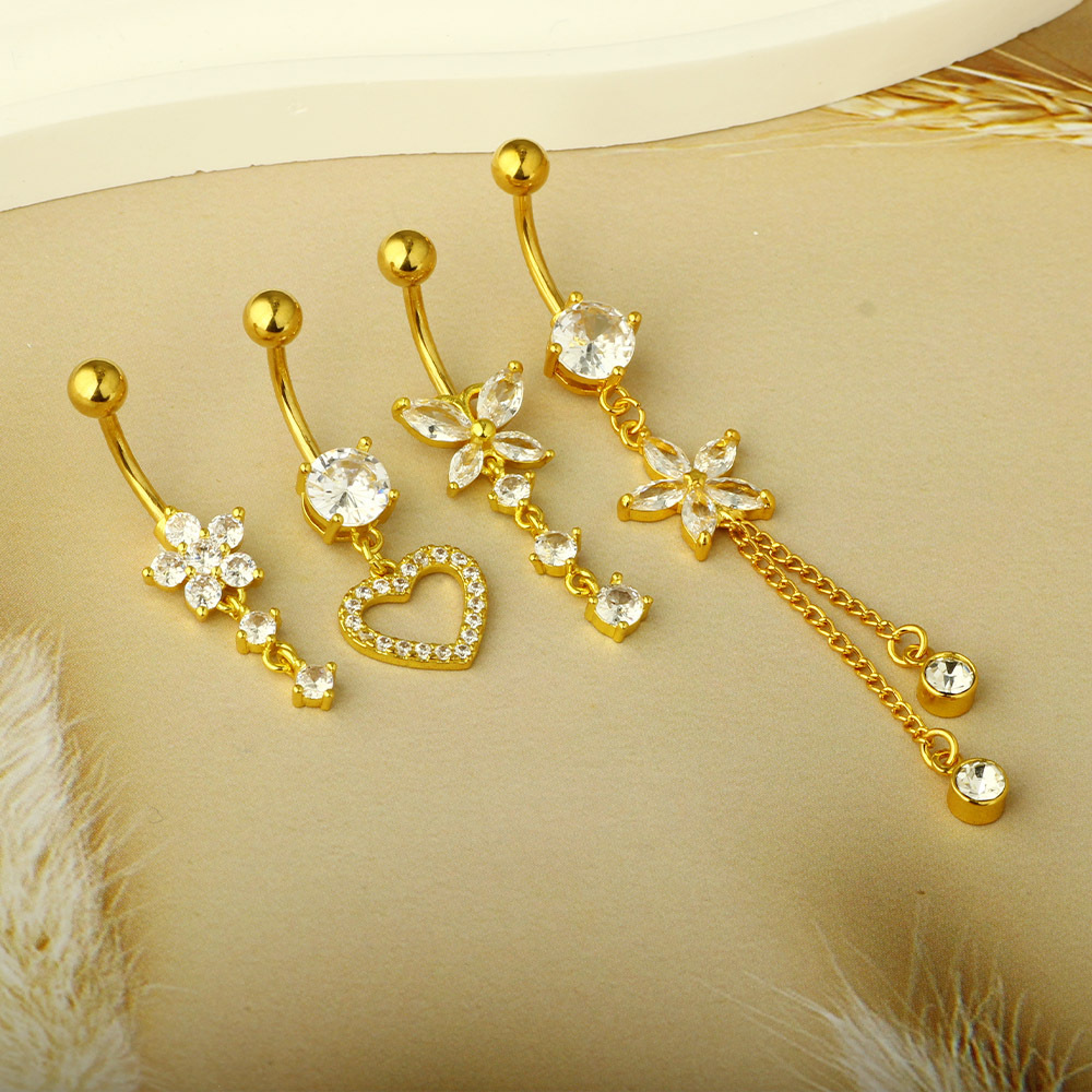 Gold Belly Button Ring Copper Zircon Navel Jewelry Set Stainless Steel Geometric Fashion - Image 4