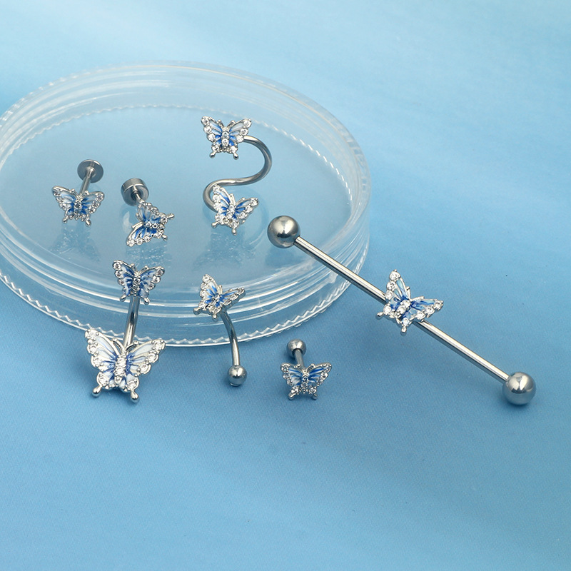 Oil Dripping Butterfly Star Navel Ring Set - 7Pcs Body Piercing Jewelry Stainless Steel - Image 3