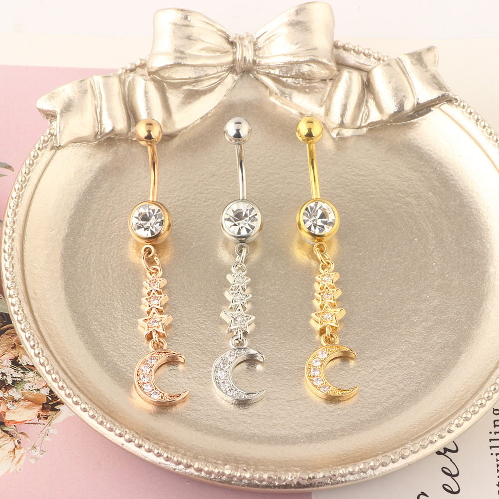 Korean Star Moon 316L Surgical Steel Belly Button Ring CZ Small Jewelry Water Drop Zircon Nail Ring - Image 3