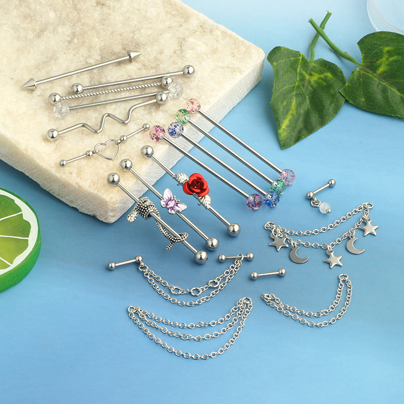 19-Piece Stainless Steel Bridge Stud Earring Set - Long Rod Ear Bone Nails, Industrial Stud Earrings for Piercing - Image 2