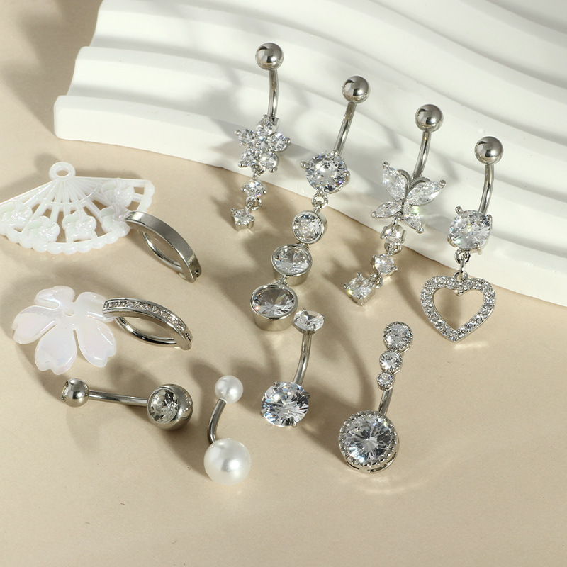 10-Piece Butterfly Belly Button Ring Set, Zircon Butterfly Long Belly Ring, Body Piercing Jewelry, Stainless Steel, Pink - Image 2