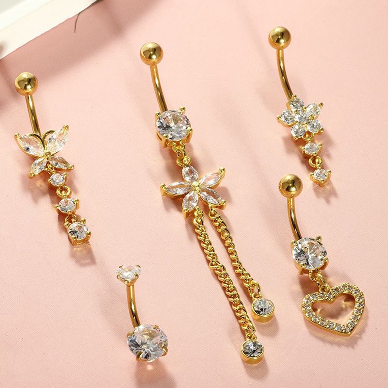 Love Zircon Heart Belly Button Ring Set – 5-Piece Navel Piercing Jewelry for Women - Image 2