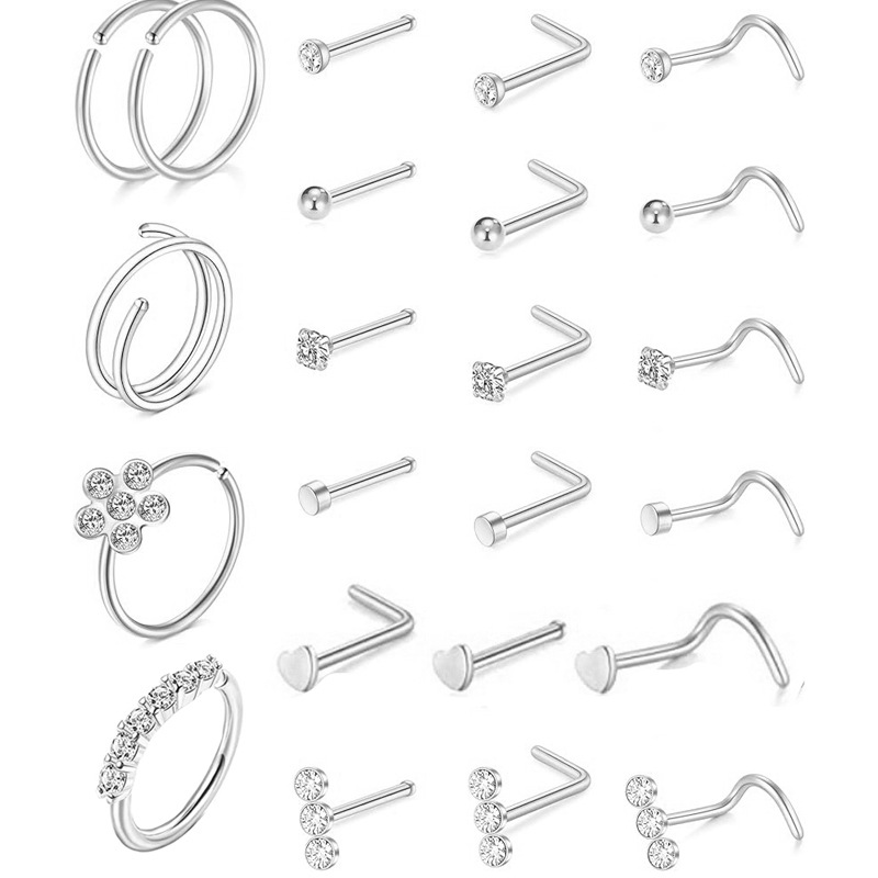 23PCS 316L Surgical Steel Nose Ring Set Body Piercing Jewelry Silver 18K Plated Nail Studs Hoop Kit - Image 2